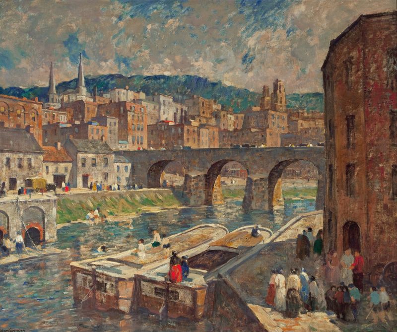A River Mill Town by Robert Spencer, realism, depicting a river and a weathered mill.