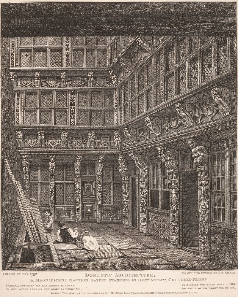 Engraving by John Thomas Smith depicting a grand mansion with intricate architectural details.