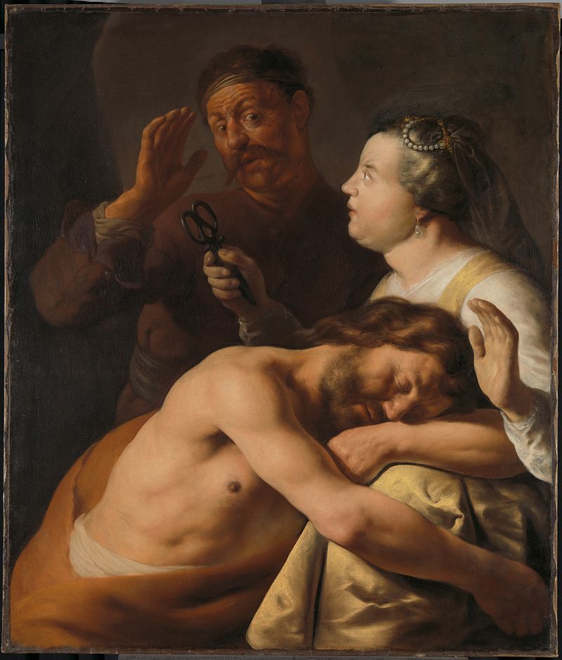 Sansão e Dalila, óleo sobre tela de Jan Lievens, mostrando Dalila cortando o cabelo de Sansão.