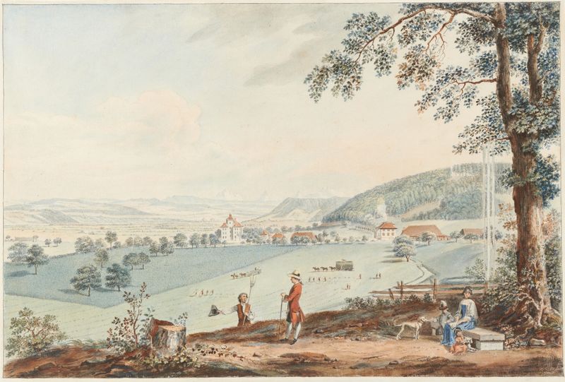 Aquarela de Johann Ludwig Aberli representando um vale suíço com vegetação vibrante.