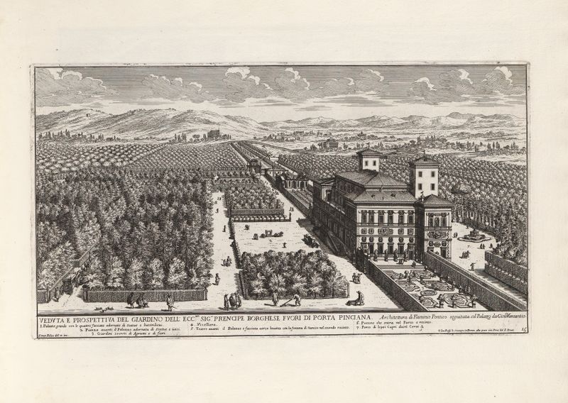 Botanical garden scene with hedges and flowers, etching by Giovanni Battista Falda