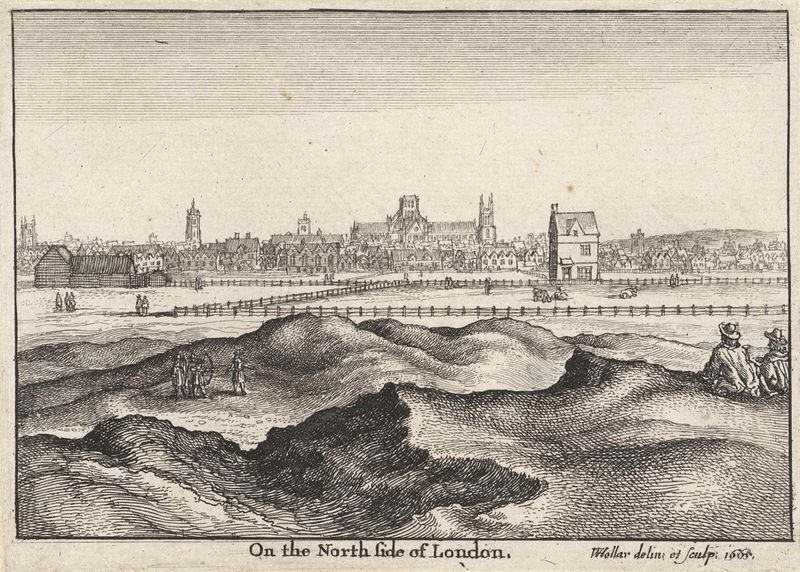 Gravura de Wenceslaus Hollar mostrando o lado norte de Londres com a Catedral de São Paulo.