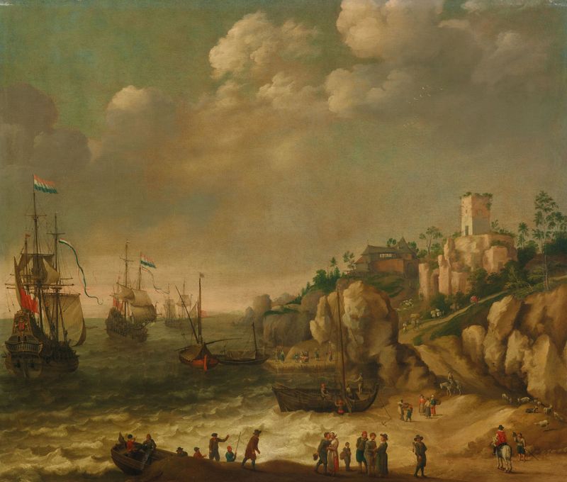 Dutch ships in front of a rocky coast, oil painting by Adam Willaerts