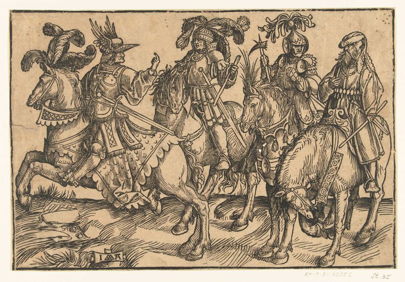 Desenho histórico em papel de Jacob Cornelisz van Oostsanen com figuras solenes.