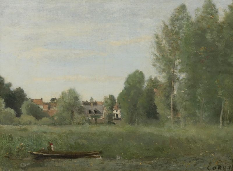 Paisagem com pequenas casas e árvores perto de um rio, pintura a óleo de Jean-Baptiste-Camille Corot