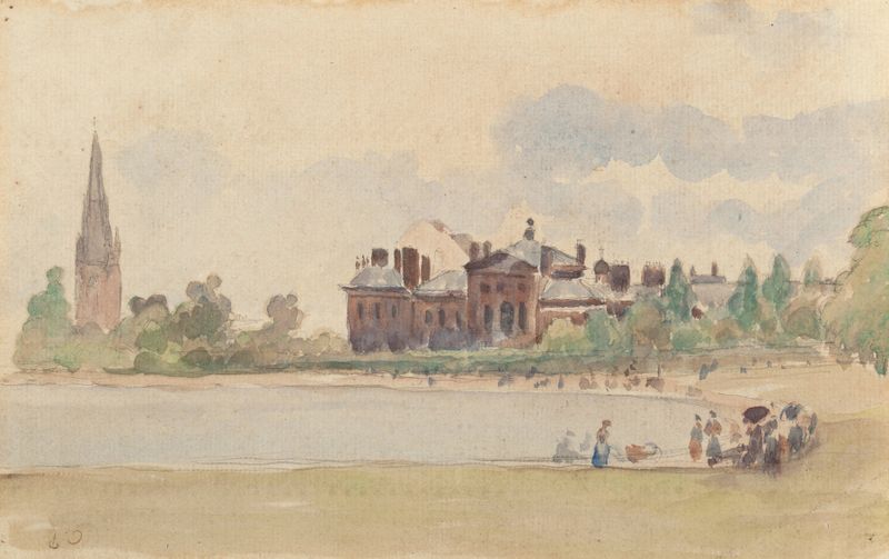Kensington Gardens, Londres de Camille Pissarro, óleo sobre lienzo que muestra figuras en un jardín.