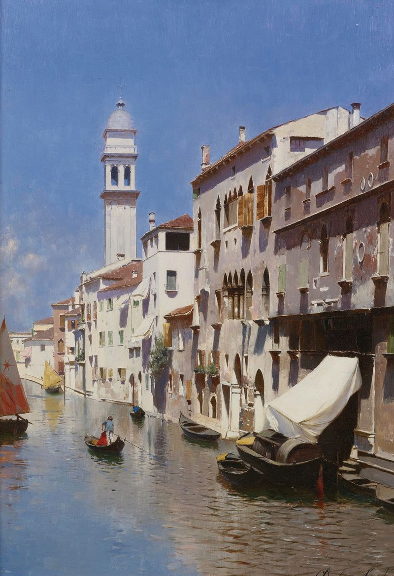Venetian Canal by Rubens Santoro, oil painting depicting boats on water with reflections.