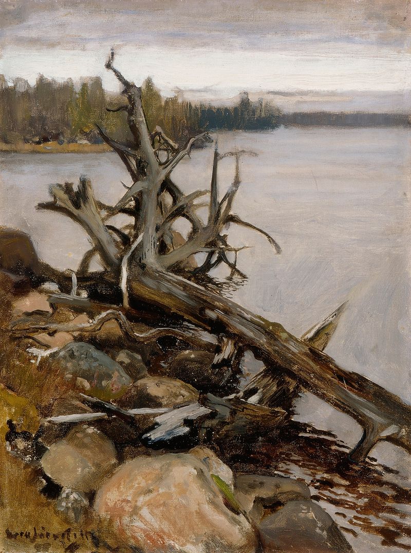 Dead Pine in the Water de Eero Järnefelt, pintura a óleo de um pinheiro morto refletido na água