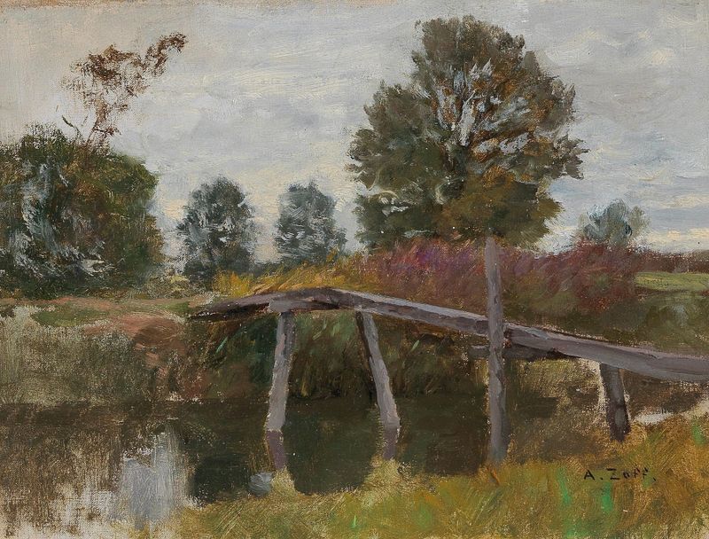 Alter Steg em Langenpreising de Alfred Zoff, pintura a óleo de uma ponte sobre um riacho.