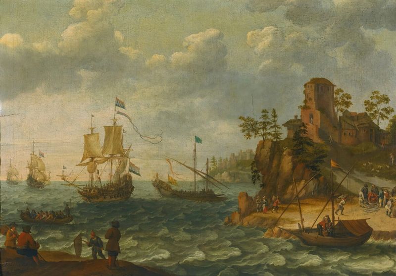 Ships moored off a rocky coastline with fishermen unloading their catch, oil painting by Abraham Willaerts.