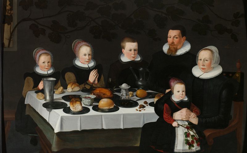 Cena de gênero de uma família orando à mesa, óleo sobre painel de Unknown Artist