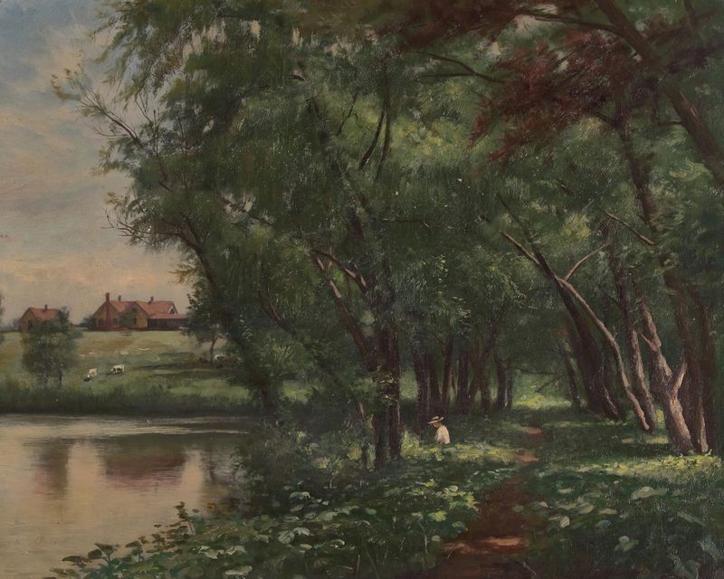 Paisagem com suaves tons de azul e verde, pintura a óleo de Robert Jenkins Onderdonk