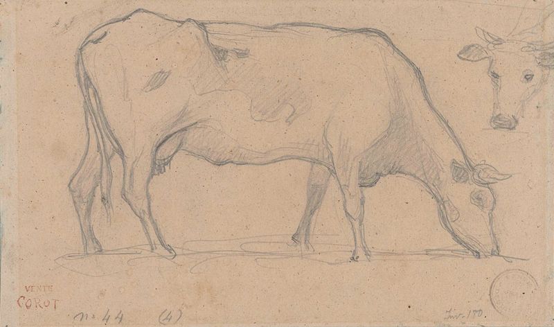 Grazende koe by Camille Corot, paper medium depicting a cow grazing in a forest.