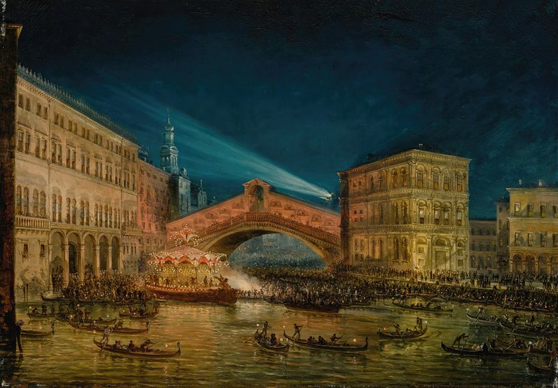 Night-time view of the Rialto on the Feast of the Redentore by Giovanni Grubacs, oil painting