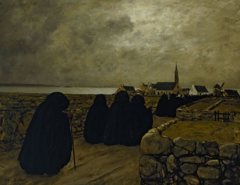 Messe basse en hiver (Bretagne) oil painting by Charles Cottet showing figures under an archway.