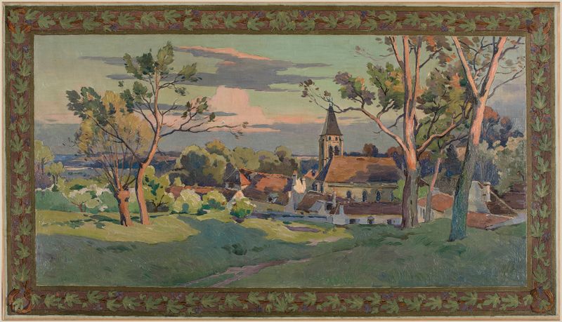 Village avec une église, pintura al óleo de Paul Léon Felix Schmitt, con una iglesia y vegetación exuberante.