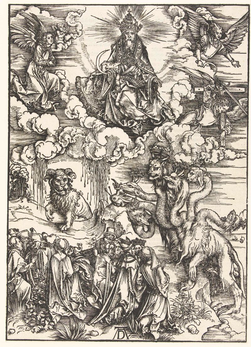 Gravura religiosa representando um dragão e um cordeiro de Albrecht Dürer