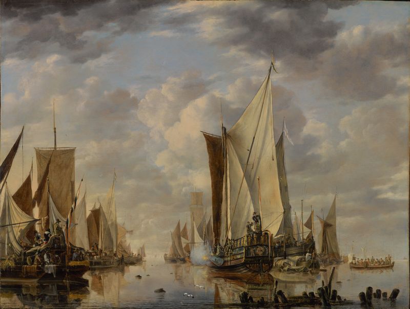 Oil painting by Jan van de Cappelle depicting a yacht in calm waters of Flushing.
