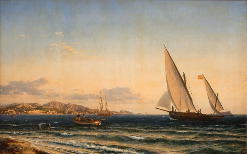 Aften ved Middelhavet by Emanuel Larsen, oil on canvas depicting a sunset over the Mediterranean.