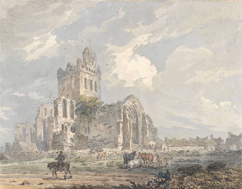 Watercolour by Thomas Girtin depicting Jedburgh Abbey ruins with golden light.