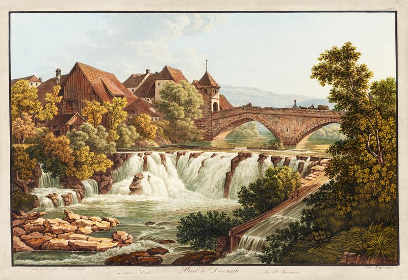 Pont à Dornach de Peter Birmann, pintura al óleo que representa un puente sobre agua con reflejos.