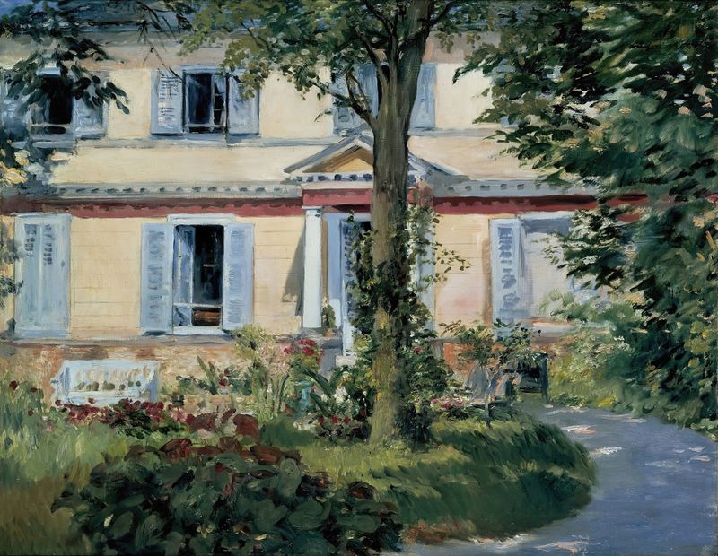 La Casa en Rueil de Édouard Manet, óleo sobre lienzo, que muestra una casa rodeada de árboles y luz moteada.
