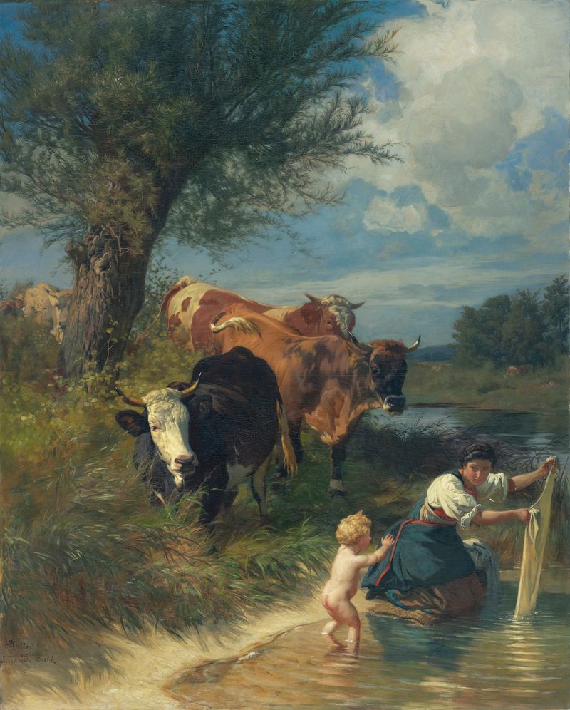 Vacas y lavandera cerca de un arroyo, pintura al óleo de Johann Rudolf Koller
