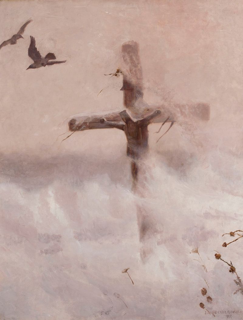 Cross in a Blizzard de Jozef Chelmonski, pintura a óleo que retrata uma cruz em uma paisagem nevada.