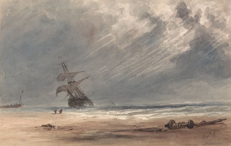 Storm Over a Coast by Giles Firman Phillips, oil painting depicting tumultuous clouds.