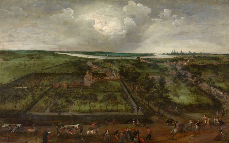 Kiel near Antwerp by Jacob Grimmer, oil on panel, depicting a tranquil river landscape