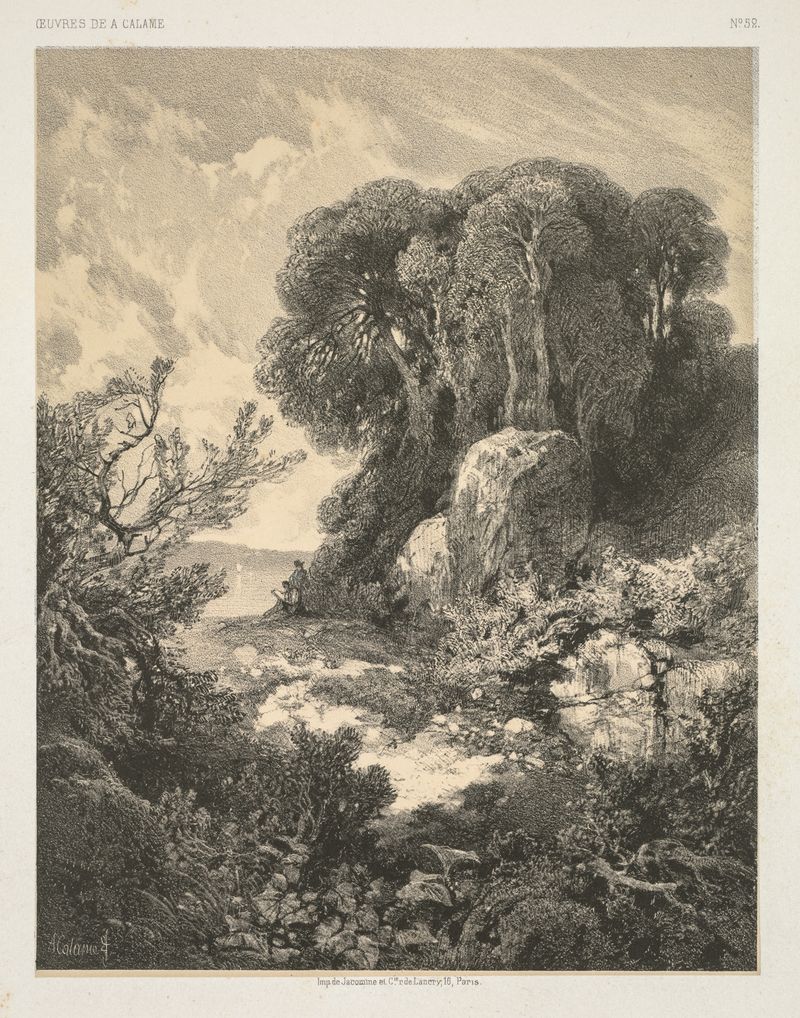Grabado de Alexandre Calame que representa un paisaje tranquilo con un río y follaje.