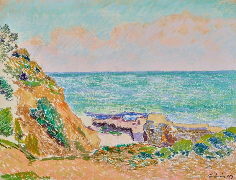 Escena marina con suaves olas y luz solar, óleo sobre lienzo de Armand Guillaumin
