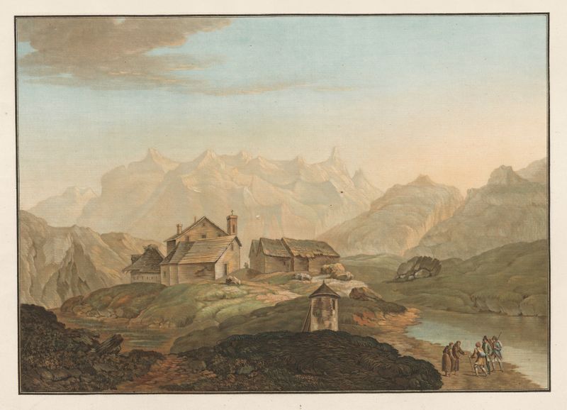 Landscape oil painting by Friedrich Rosenberg featuring mountains and vibrant blue hues.