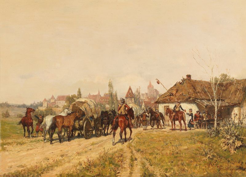 Historical scene of weary soldiers returning to a city, oil painting by Wilhelm Velten