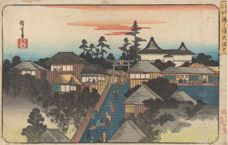 Ukiyo-e de Ushima Shrine en el distrito de Hongo de Utagawa Hiroshige