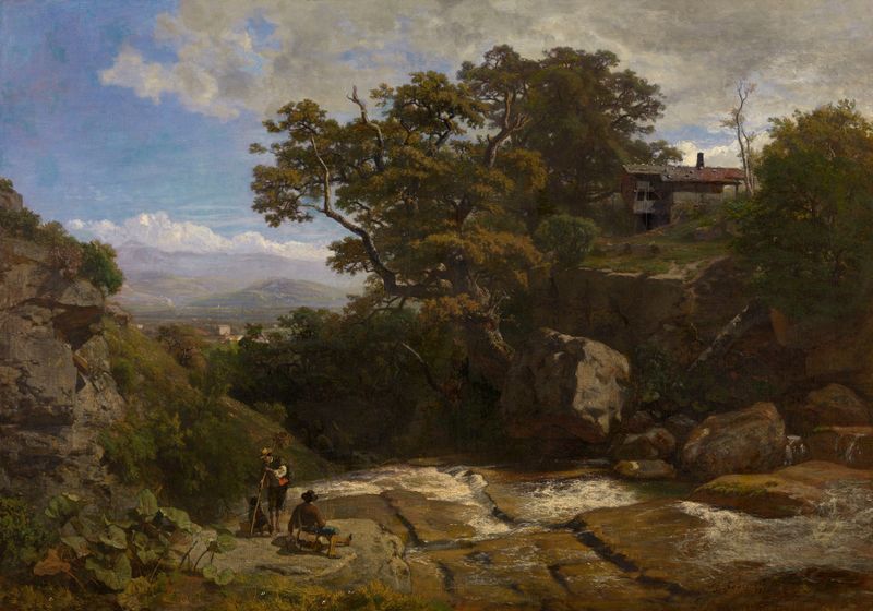 Landscape in the Dauphiné by Théodore Fourmois, oil painting depicting a serene river and lush foliage.