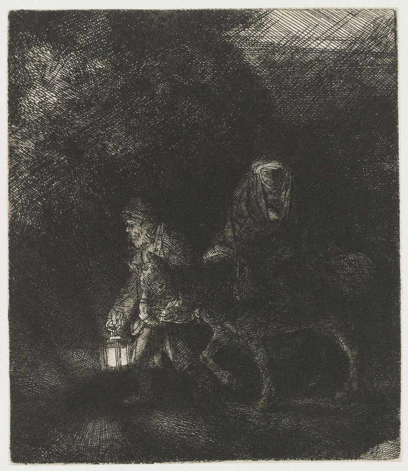 Grabado de Rembrandt van Rijn que representa a María, José y el niño en luz cálida.