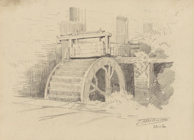 Detail of a waterwheel in Moulin à aube à Uccle-Saint-Job by Jean-François Taelemans, oil painting