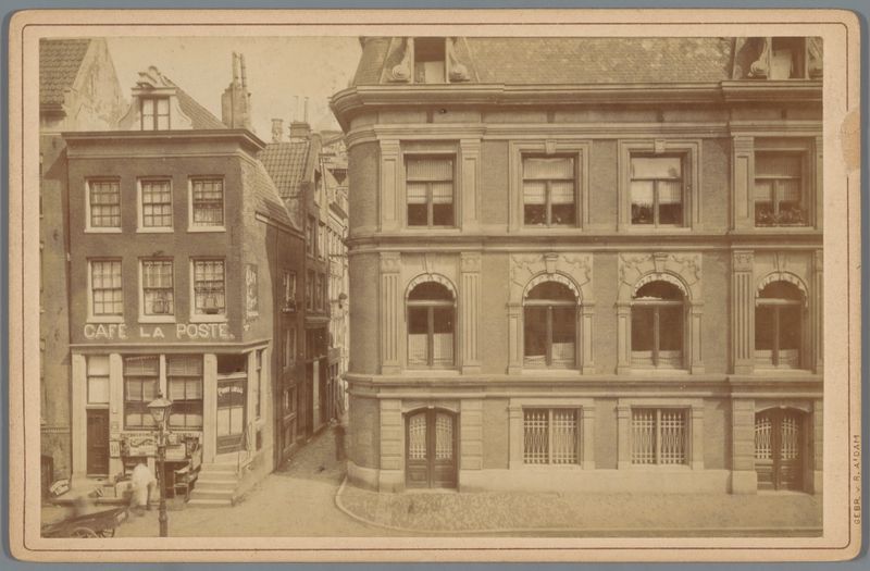 Albumen print by Gebr. van R. showing a quaint Amsterdam building under a cloudy sky.