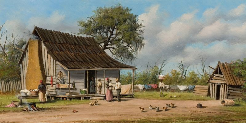 Cabin Scene, oil on canvas by William Aiken Walker, showing a cabin in a forest with sunlight filtering through trees.