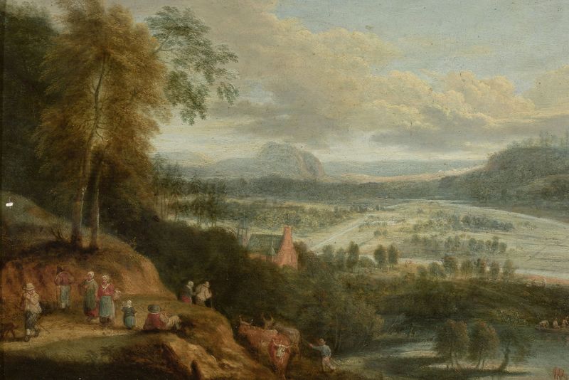 Pastoral landscape by Lucas van Uden, oil on canvas, depicting rolling hills and a serene sky.