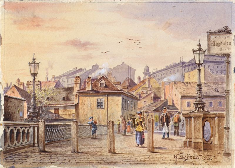 Die Magdalenenbrücke über den Wienfluss, oil on canvas by Karl Wenzel Zajicek