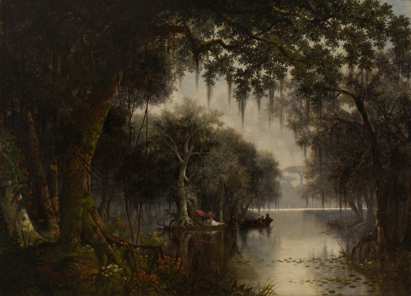 The Land of Evangeline by Joseph Rusling Meeker, oil on canvas, depicting a serene landscape with lavender and golden light.