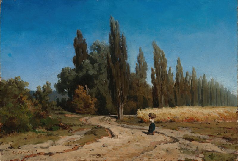 Poplar Alley by Werner Holmberg, oil painting of tall poplar trees in dappled sunlight.