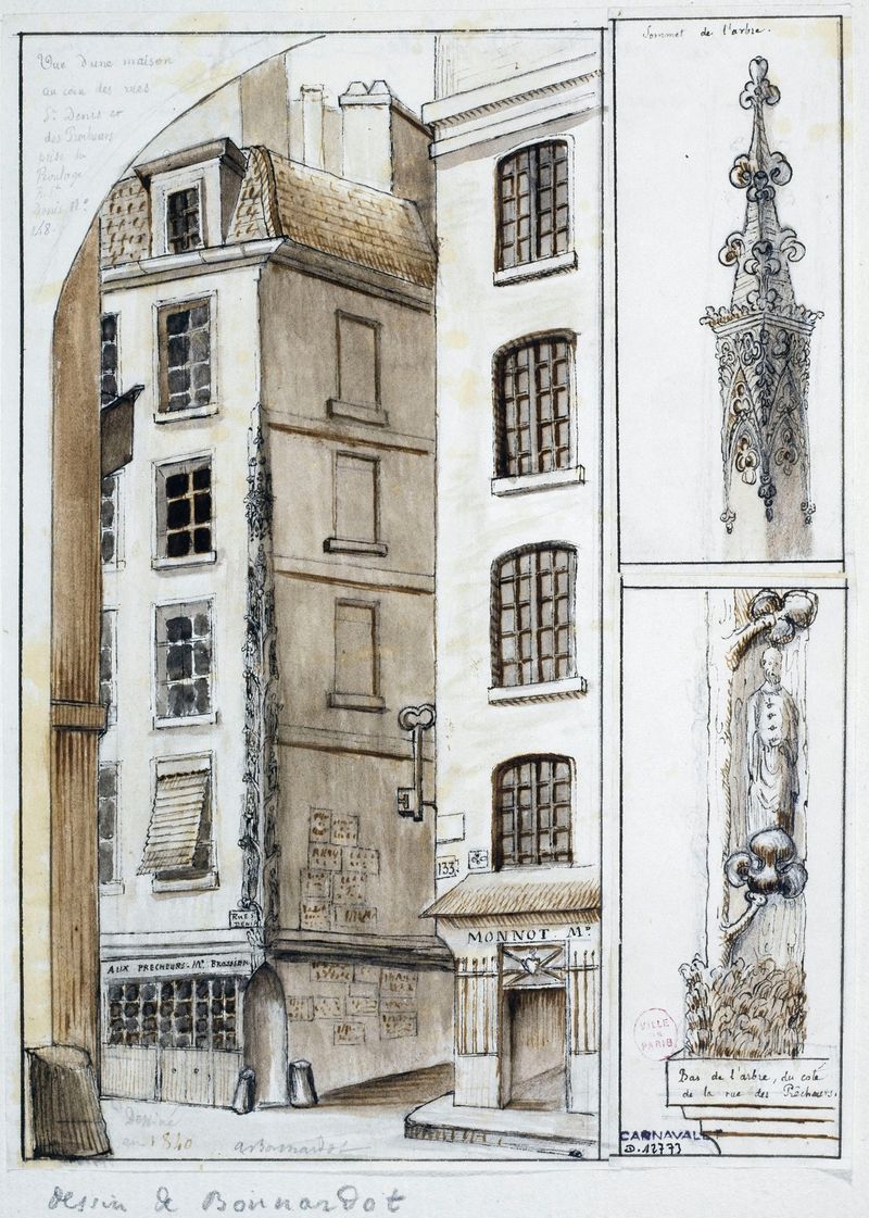 Urban scene depicting cobblestones and historic buildings by Alfred Bonnardot