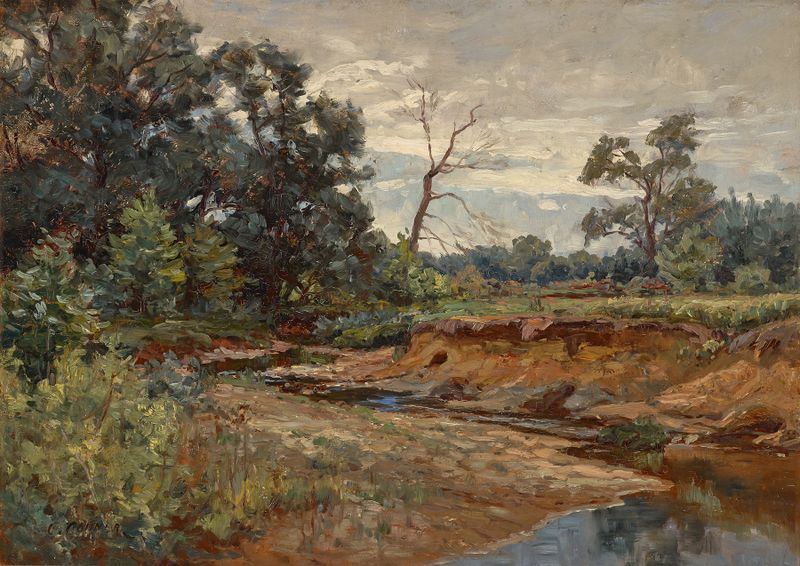 Indiana Woodland de Charles Conner, óleo sobre tela que retrata uma floresta com um riacho e luz filtrando pelas árvores.