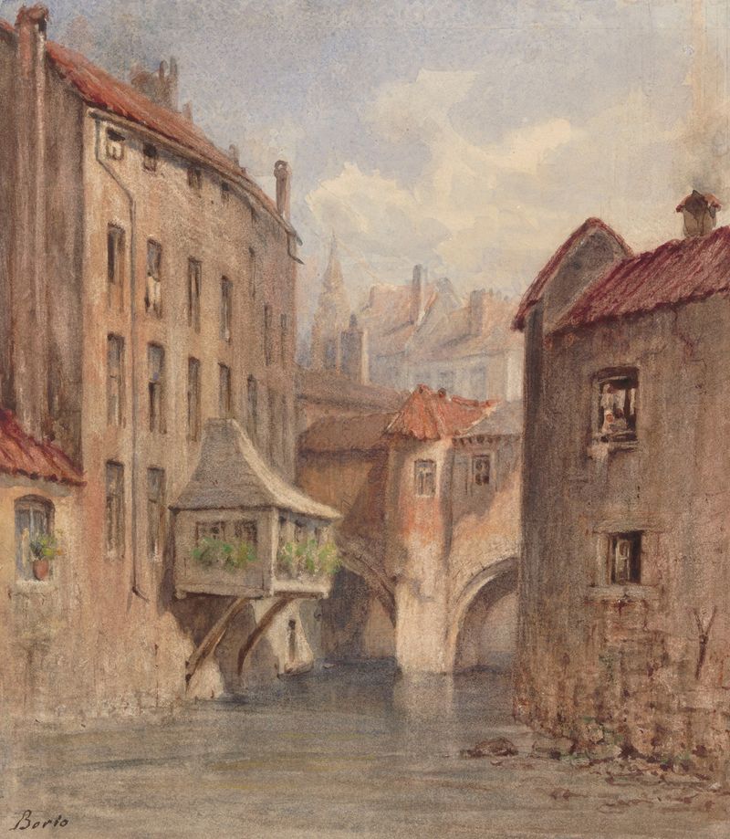 Bridge in Brussels by Joseph Borio, oil on canvas, depicting a bridge over a canal with reflections.