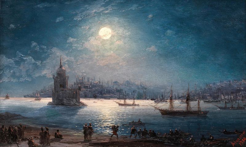 Escena marina que representa el Bósforo con Santa Sofía y la Torre de la Doncella, pintura al óleo de Ivan Konstantinovich...