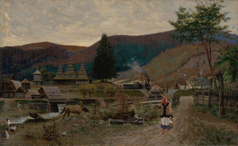 Landscape Around Volovec by Eduard Hriňák, oil on canvas, depicts rolling hills and sunlight.