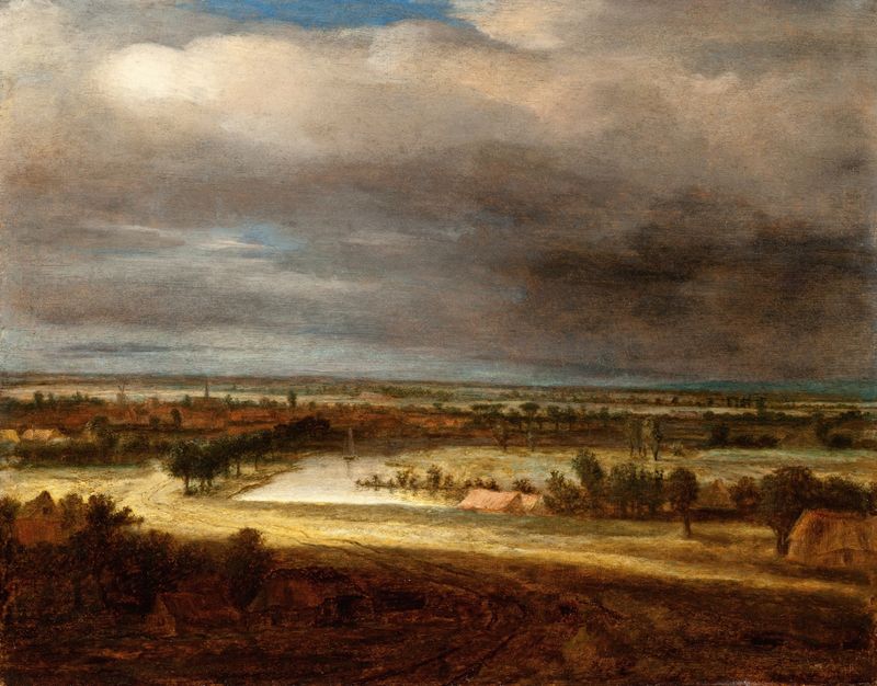 Panoramic landscape with a village, oil painting by Philips Koninck